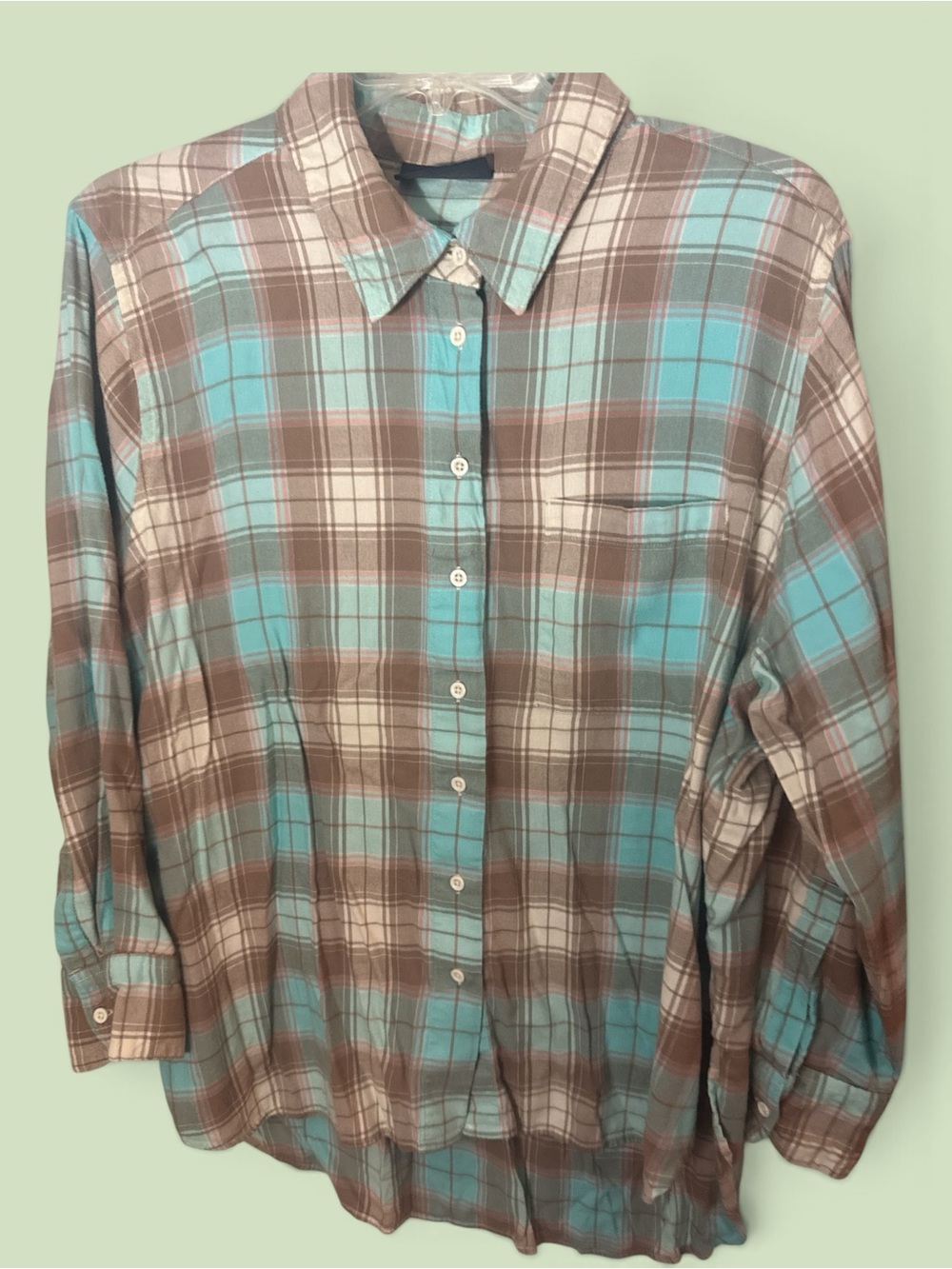 Lane Bryant Plaid Button-Down Shirt in Turquoise and Brown
